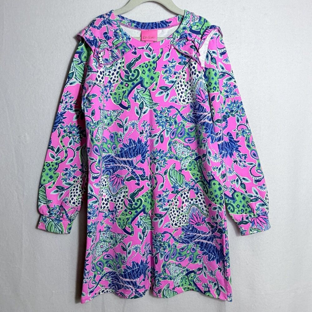 Lilly Pulitzer Plumeria Pink Untamed Hearts Elfrea Ruffle Dress Girl's L/8-10
